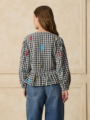 Estampado de perro bordado a cuadros blancos y negros - Blusa peplum de manga larga - Imagen 4 de 8