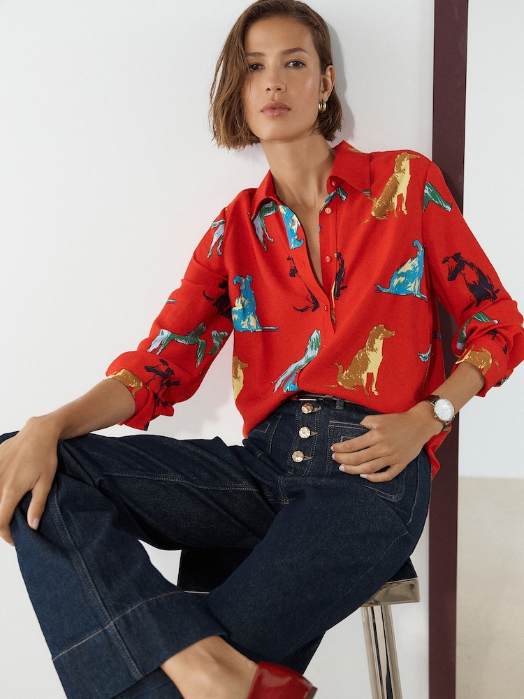 Red Dog Print Long Sleeve Shirt - Image 1 of 9 Red Dog Print Long Sleeve Shirt - Image 1 of 9