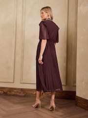 Love & Roses Chocolate Brown Petite Embellished Trim Pleated Skirt Midi Dress - Image 4 of 5