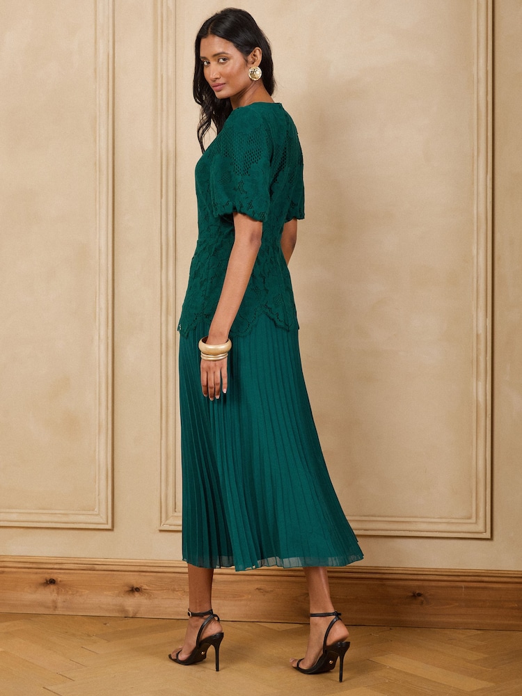 Love & Roses Green Petite Lace Drop Waist Puff Sleeve Midi Dress - Image 4 of 4 Love & Roses Green Petite Lace Drop Waist Puff Sleeve Midi Dress - Image 4 of 4