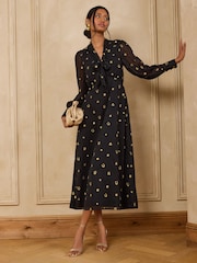 Love & Roses Black Petite Novelty Embroidered Tie Neck Midi Dress - Image 1 of 4