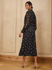 Love & Roses Black Petite Novelty Embroidered Tie Neck Midi Dress - Image 4 of 4