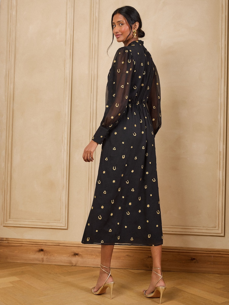 Love & Roses Black Petite Novelty Embroidered Tie Neck Midi Dress - Image 4 of 4 Love & Roses Black Petite Novelty Embroidered Tie Neck Midi Dress - Image 4 of 4