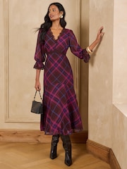 Love & Roses Purple Check Flounce Hem Lace Trim Midi Dress - Image 1 of 4