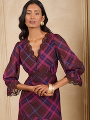 Love & Roses Purple Check Flounce Hem Lace Trim Midi Dress - Image 2 of 4