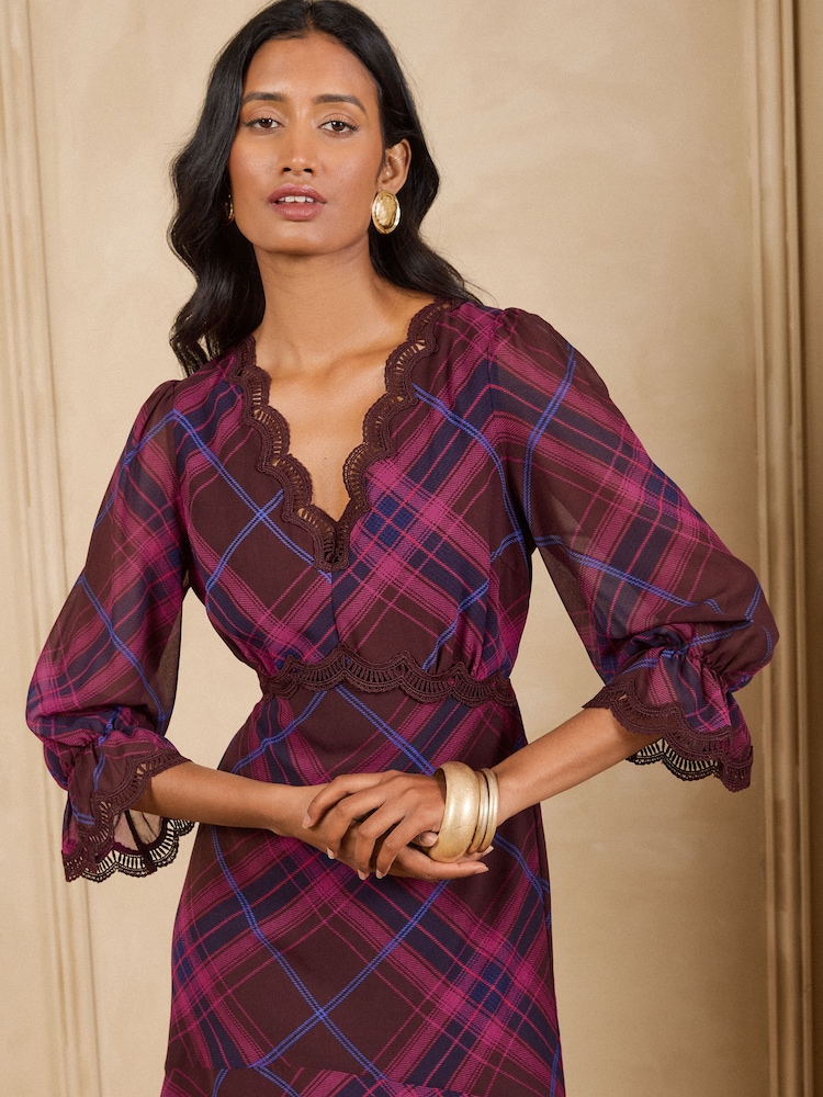 Love & Roses Purple Check Flounce Hem Lace Trim Midi Dress - Image 2 of 4 Love & Roses Purple Check Flounce Hem Lace Trim Midi Dress - Image 2 of 4