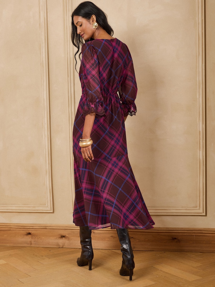 Love & Roses Purple Check Flounce Hem Lace Trim Midi Dress - Image 4 of 4 Love & Roses Purple Check Flounce Hem Lace Trim Midi Dress - Image 4 of 4