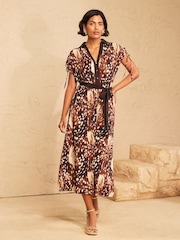 Love & Roses Deer Print Jersey Ruched Shoulder Belted Midi Dress - Image 1 of 4