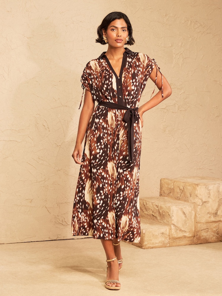 Love & Roses Deer Print Jersey Ruched Shoulder Belted Midi Dress - Image 1 of 4 Love & Roses Deer Print Jersey Ruched Shoulder Belted Midi Dress - Image 1 of 4