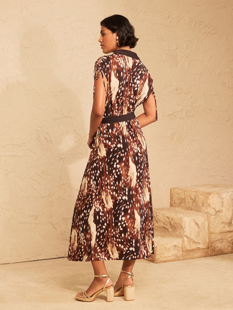 Love & Roses Deer Print Jersey Ruched Shoulder Belted Midi Dress - Image 4 of 4 Love & Roses Deer Print Jersey Ruched Shoulder Belted Midi Dress - Image 4 of 4