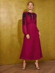 Love & Roses Burgundy Red Embellished Tie Cuff Midi Dress - Image 1 of 5