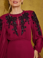 Love & Roses Burgundy Red Embellished Tie Cuff Midi Dress - Image 2 of 5