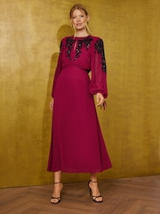 Love & Roses Burgundy Red Embellished Tie Cuff Midi Dress - Image 3 of 5