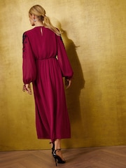 Love & Roses Burgundy Red Embellished Tie Cuff Midi Dress - Image 4 of 5