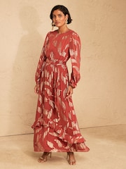 Love & Roses Rust Brown Metallic Feather Crew Neck Maxi Dress - Image 1 of 5