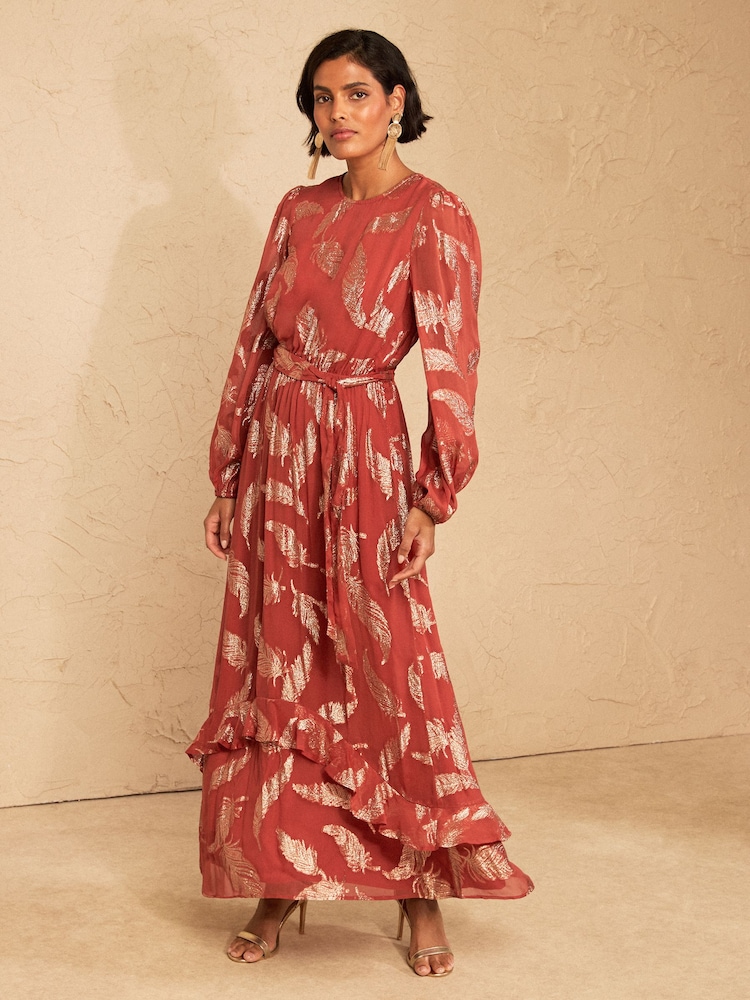 Love & Roses Rust Brown Metallic Feather Crew Neck Maxi Dress - Image 1 of 5 Love & Roses Rust Brown Metallic Feather Crew Neck Maxi Dress - Image 1 of 5