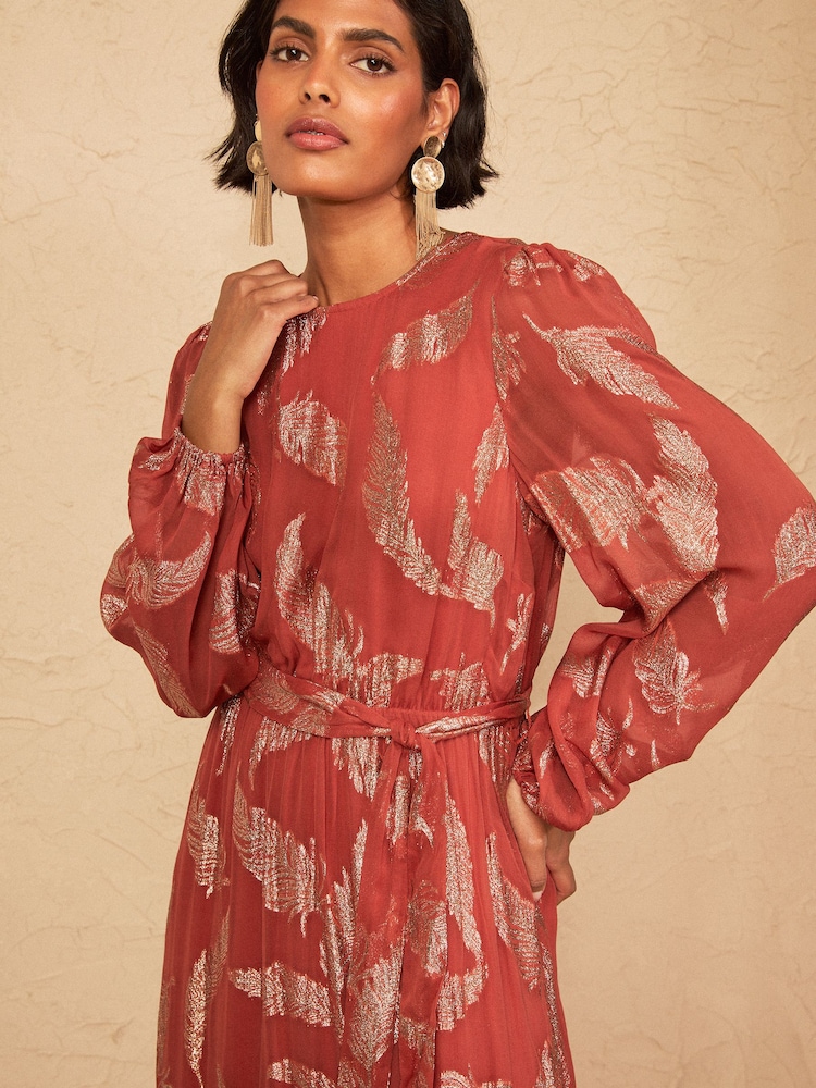 Love & Roses Rust Brown Metallic Feather Crew Neck Maxi Dress - Image 2 of 5 Love & Roses Rust Brown Metallic Feather Crew Neck Maxi Dress - Image 2 of 5