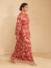 Love & Roses Rust Brown Metallic Feather Crew Neck Maxi Dress - Image 3 of 5