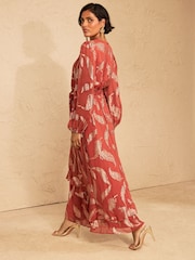 Love & Roses Rust Brown Metallic Feather Crew Neck Maxi Dress - Image 4 of 5