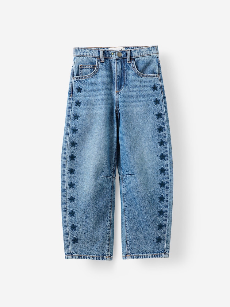 Cotton On Blue - Embroidered Stars Unisex Barrel Leg Denim Jeans - Image 1 of 3