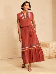 Marrón óxido - Love & Roses Ric Rac Flutter and Frill Sleeves Jersey Midi Dress - Imagen 1 de 4