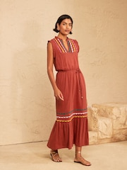 Marrón óxido - Love & Roses Ric Rac Flutter and Frill Sleeves Jersey Midi Dress - Imagen 3 de 4