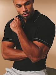 Tailored Athlete Muscle Fit Tipped Knitted Zip Neck Polo Shirt - Image 1 of 7