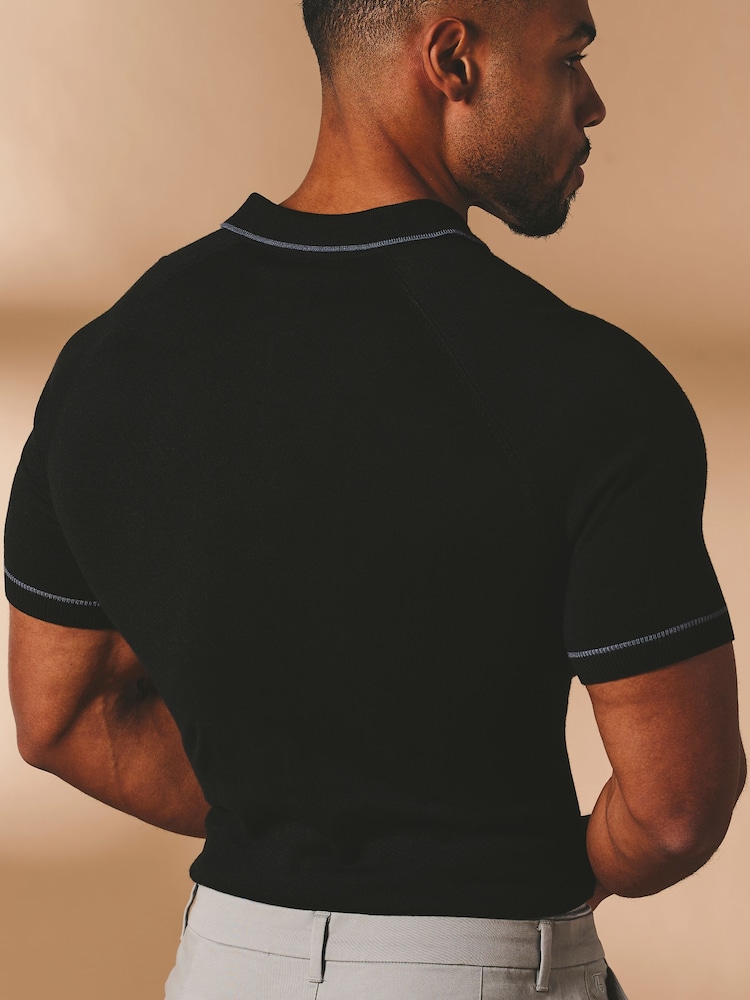 Tailored Athlete Muscle Fit Tipped Knitted Zip Neck Polo Shirt - Image 2 of 7