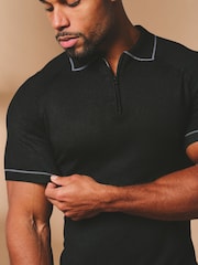 Tailored Athlete Muscle Fit Tipped Knitted Zip Neck Polo Shirt - Image 4 of 7