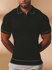 Tailored Athlete Muscle Fit Tipped Knitted Zip Neck Polo Shirt - Image 5 of 7