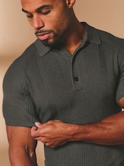 Tailored Athlete Dark Green Muscle Fit Vertical Stripe Knitted Polo Shirt - Image 6 of 7