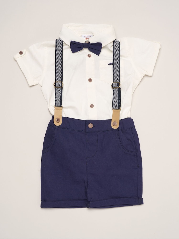 Little Gent Blue Mock Shirt Bodysuit Shorts And Bowtie Outfit Set - Image 1 of 5