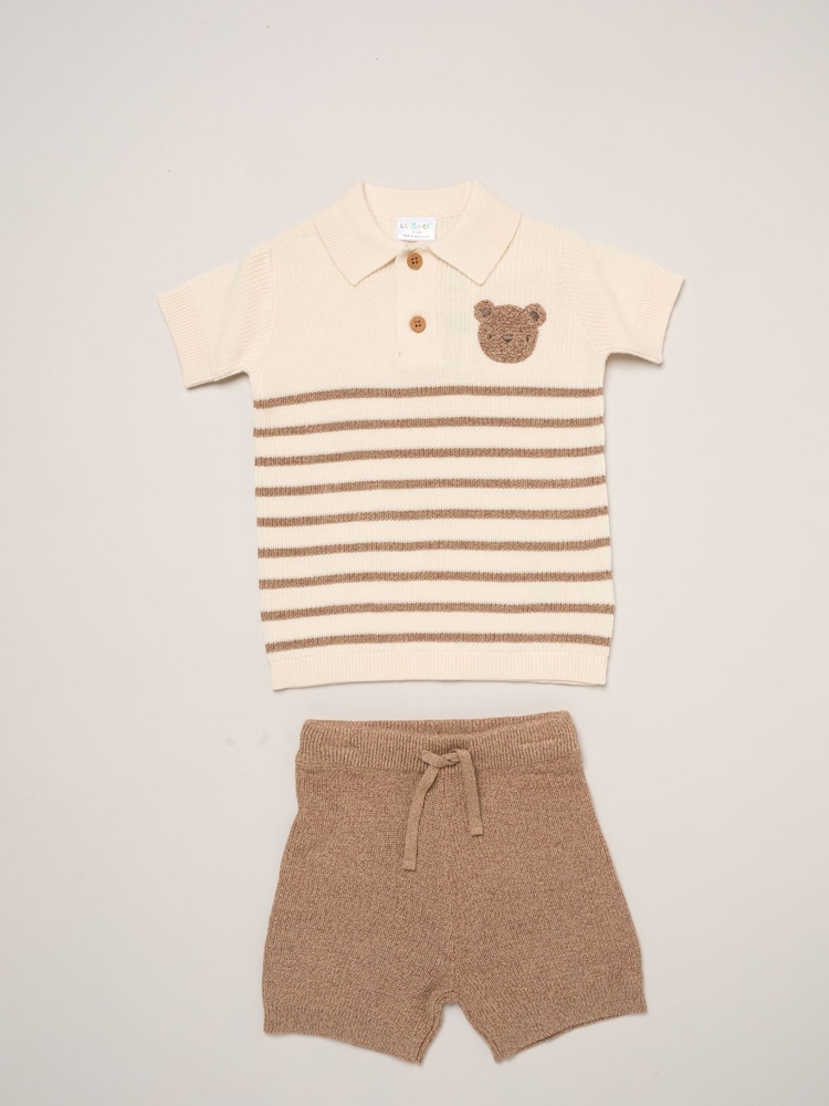 Little Gent Brown True Knit Shirt And Shorts With Crochet Bear - Image 1 of 5
