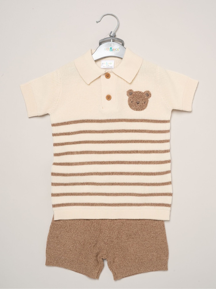 Little Gent Brown True Knit Shirt And Shorts With Crochet Bear - Image 2 of 5