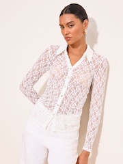 Lipsy Cream Lace Fitted Long Sleeve Shirt - Image 1 of 5