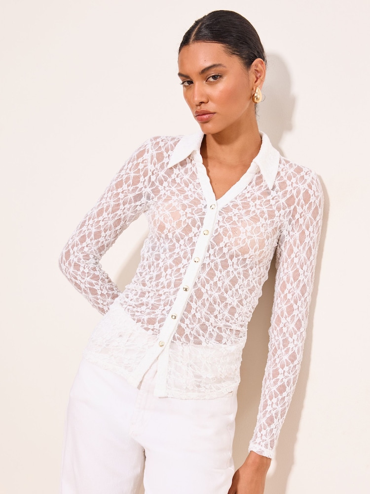 Lipsy Cream Lace Fitted Long Sleeve Shirt - Image 1 of 5