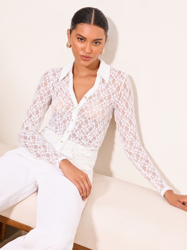 Lipsy Cream Lace Fitted Long Sleeve Shirt - Image 2 of 5