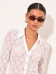Lipsy Cream Lace Fitted Long Sleeve Shirt - Image 4 of 5
