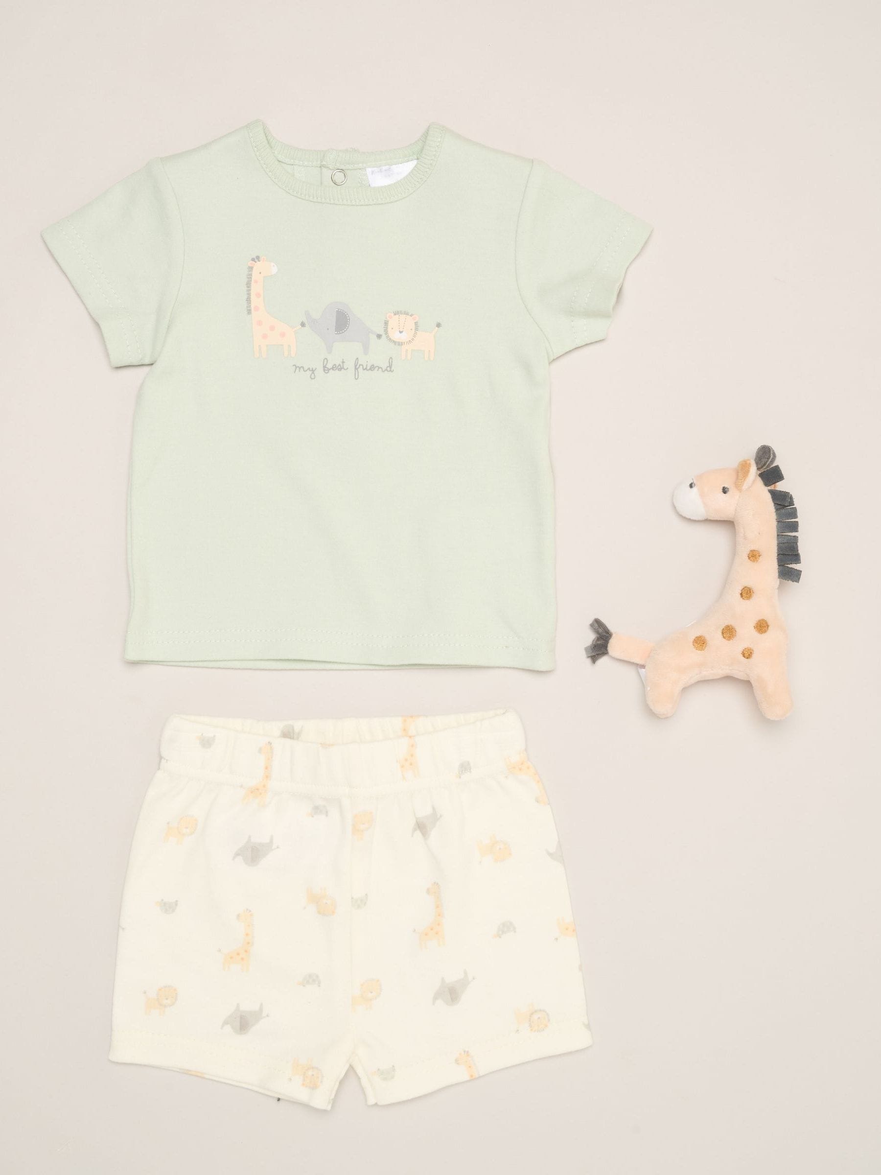 Rock-A-Bye Baby Boutique Unisex Newborn Green Rock-A-Bye Baby Boutique Dinosaur Print T-Shirt, Shorts And Plush Toy Set Outfit Set - Image 1