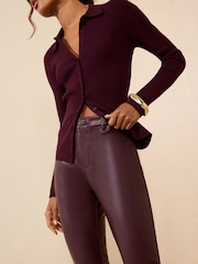 Friends Like These Burgundy Red  Faux Leather PU Straight Leg Trousers - Image 3 of 5