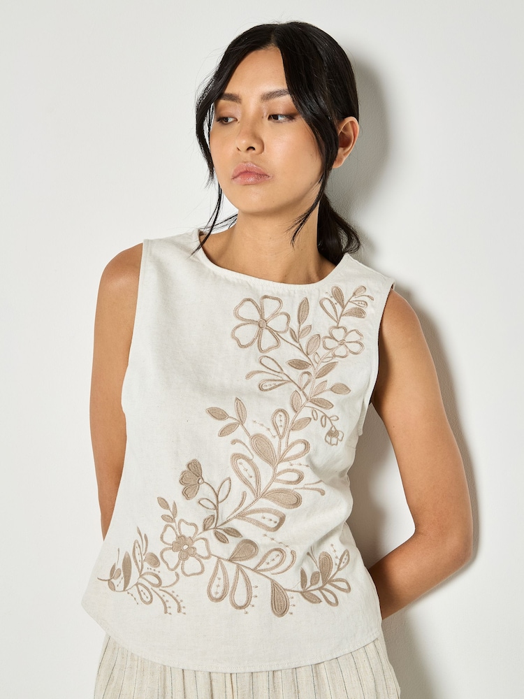 Apricot Natural Floral Embroidered Denim Top - Image 1 of 3