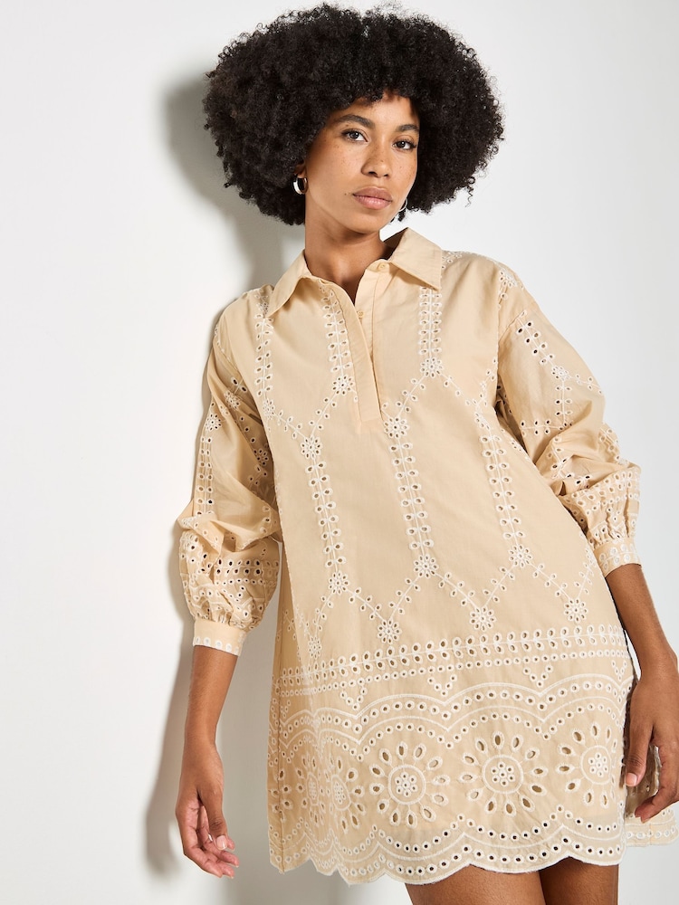 ナチュラル - Apricot Broderie Anglaise Cotton Swing Mini Dress - 画像 1 / 3