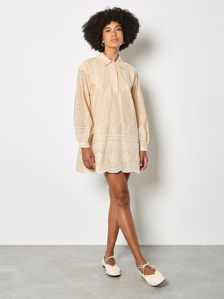 ナチュラル - Apricot Broderie Anglaise Cotton Swing Mini Dress - 画像 2 / 3