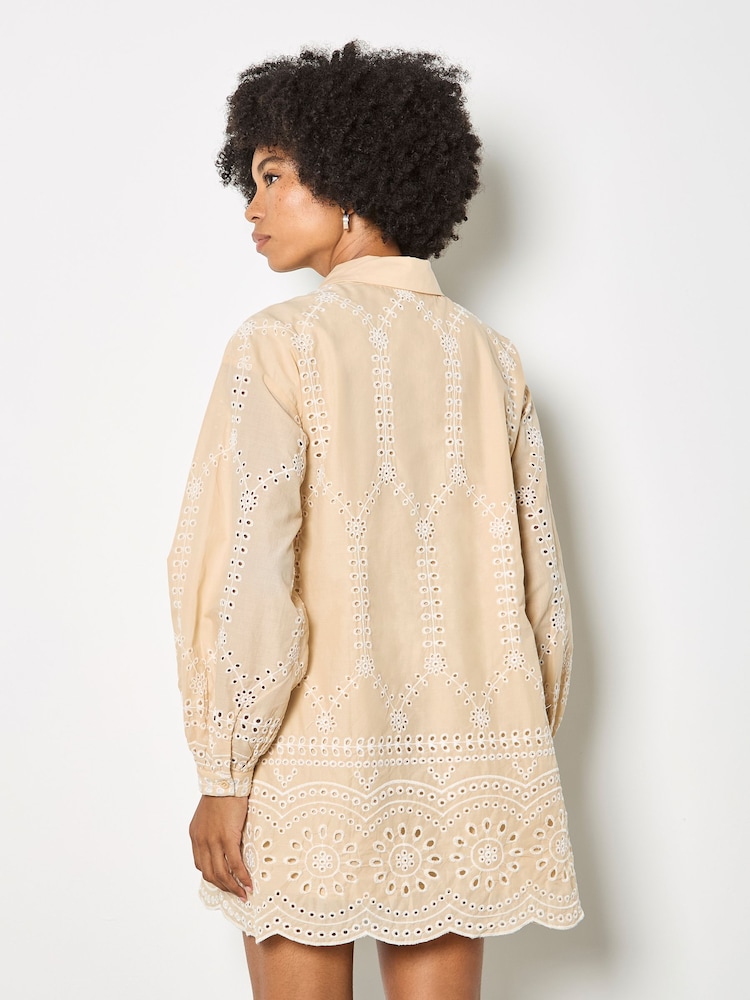 ナチュラル - Apricot Broderie Anglaise Cotton Swing Mini Dress - 画像 3 / 3