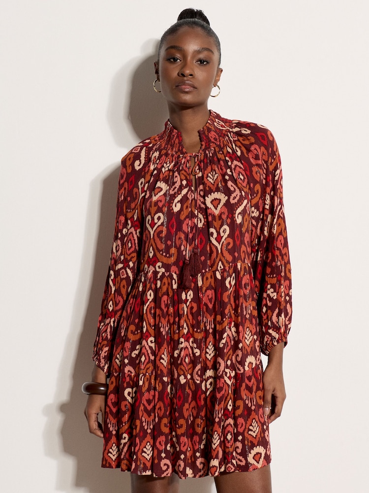 Apricot Red Shimmer Ikat Babydoll Midi Dress - Image 1 of 5