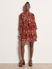 Apricot Red Shimmer Ikat Babydoll Midi Dress - Image 4 of 5