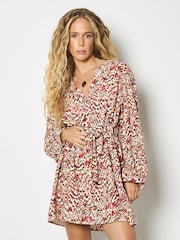 Apricot Orange Animal Ikat Print Drawstring Mini Dress - Image 1 of 3