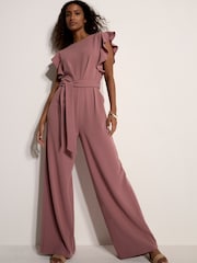 Apricot Purple Ruffle Sleeve Pleat Detail Jumpsuit - Image 1 of 3