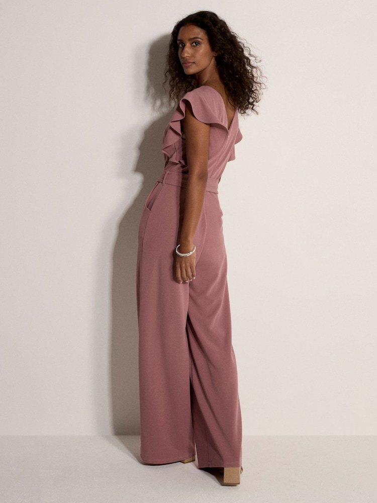 Apricot Purple Ruffle Sleeve Pleat Detail Jumpsuit - Image 2 of 3