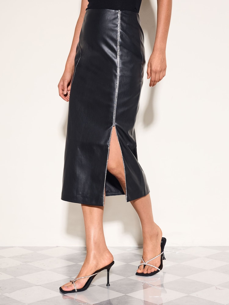 Friends Like These Black Faux Leather PU Embellished Midi Pencil Skirt - Image 1 of 5